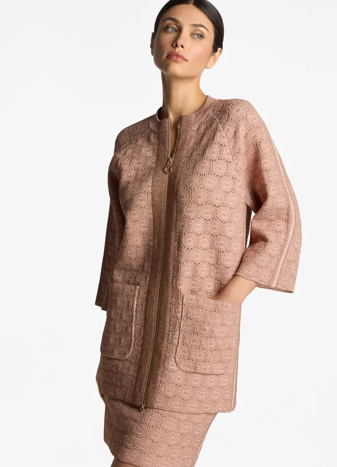 Women Jackets and Coats St John Pointelle Knit Zip Jacket Light Blossomcopper Lurex Multi
