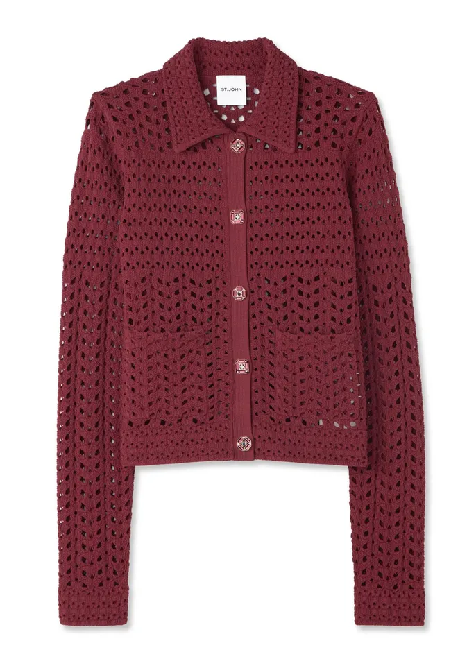 Women Jackets and Coats St John Stretch Crochet Stitch Cardigan Cranberry