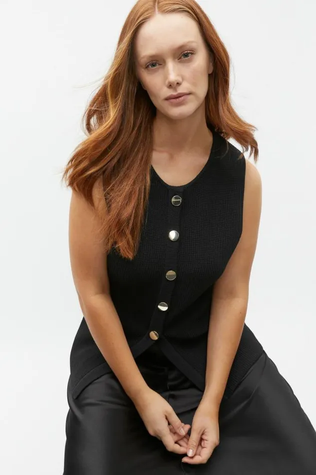 Women Jackets and Vests Seed Heritage Crepe Rib Button Down Vest Black