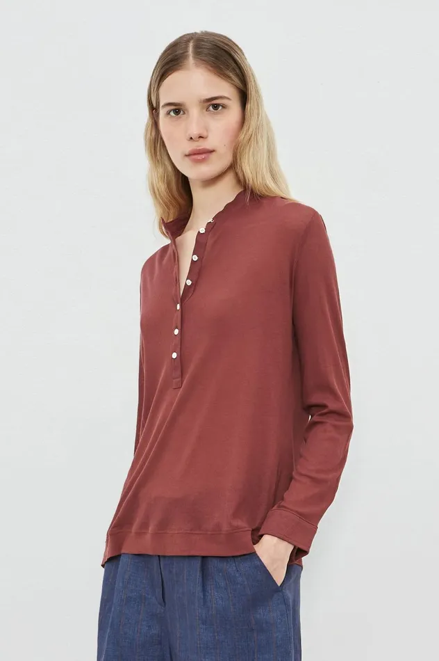 Women JAVA2 8211 Cotton Silk Jersey Henley Shirt 8211 Dim Burgundy Massimo Alba Tops Women JAVA2 8211 Cotton Silk Jersey Henley Shirt 8211 Dim Burgundy Massimo Alba Tops
