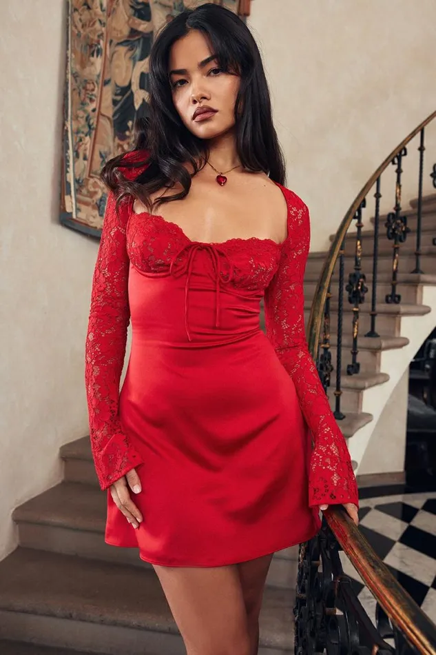 Women Jennica Red Rose Satin And Lace Mini Dress House Of CB Dresses