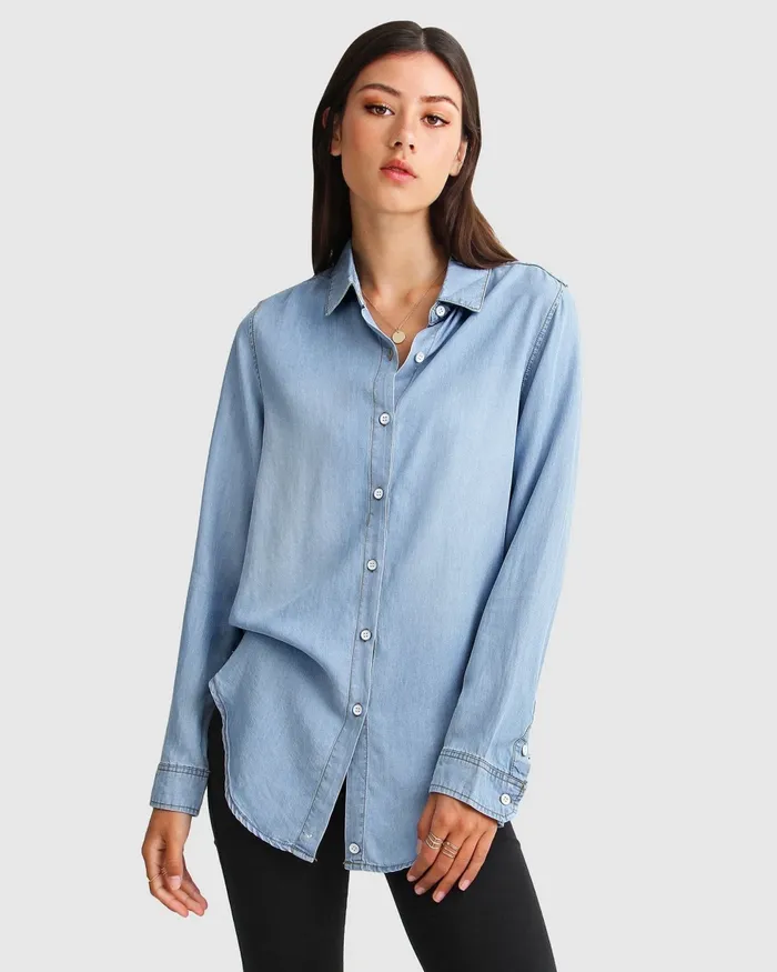 Women Keep Me Wild Denim Top 8211 Indigo Tops Belle and Bloom