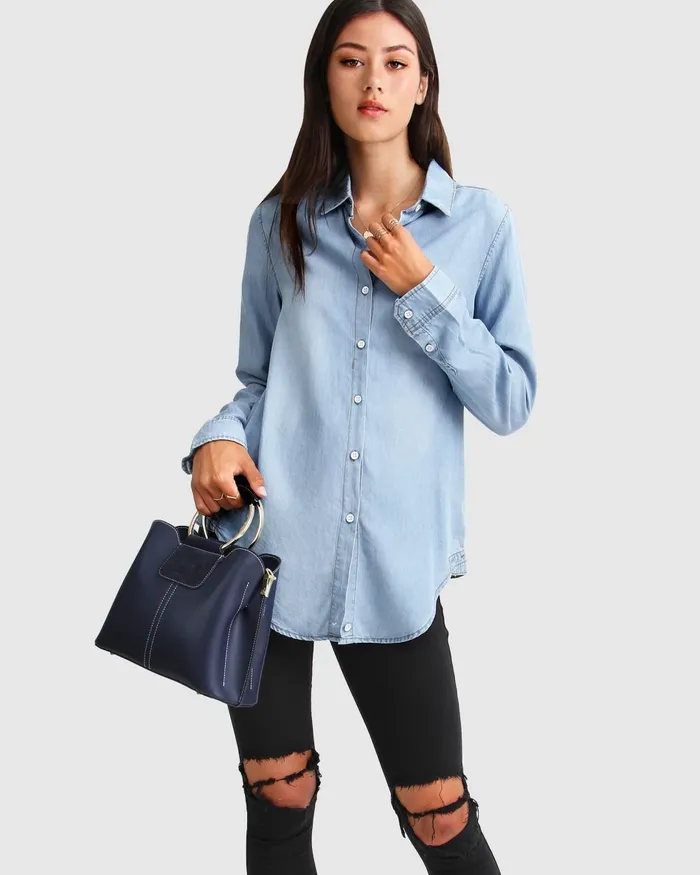 Women Keep Me Wild Denim Top 8211 Indigo Tops Belle and Bloom