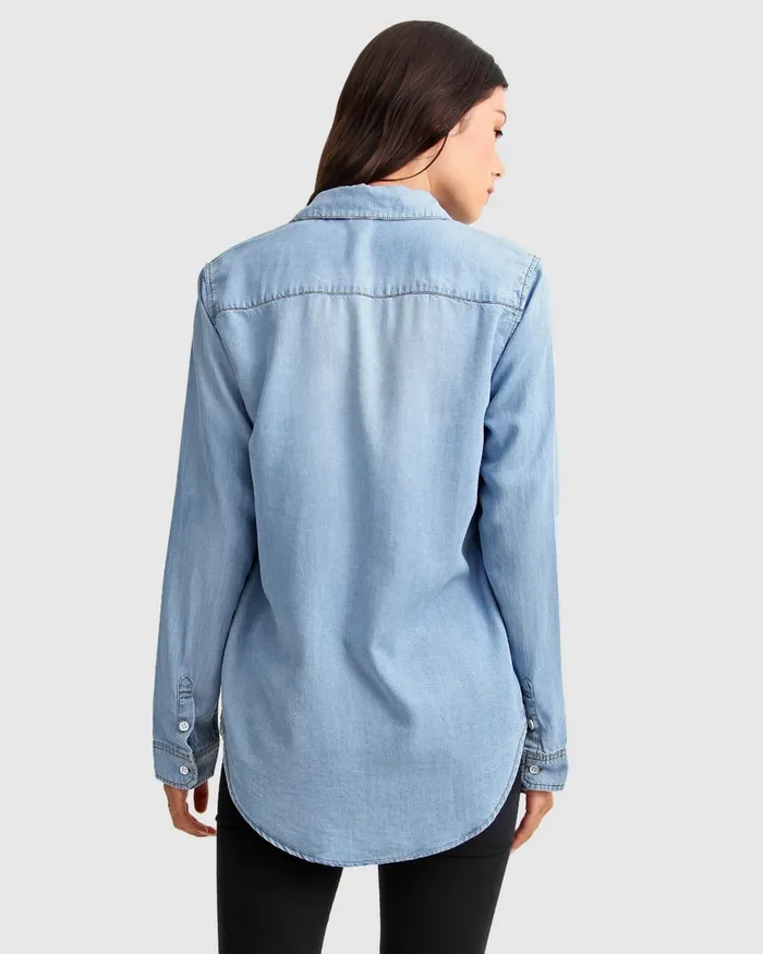 Women Keep Me Wild Denim Top 8211 Indigo Tops Belle and Bloom