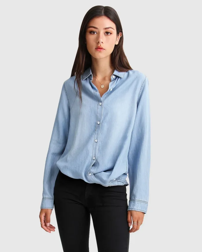 Women Keep Me Wild Denim Top 8211 Indigo Tops Belle and Bloom