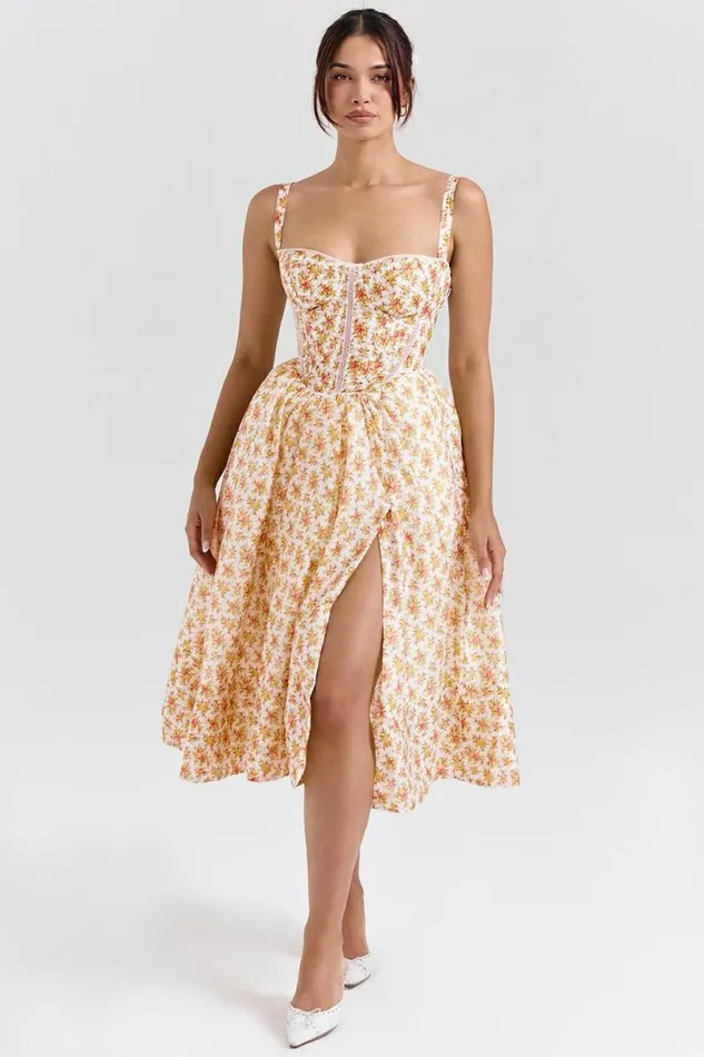 Women Kelly Royal Rose Print Corset Midi Sundress House Of CB Dresses