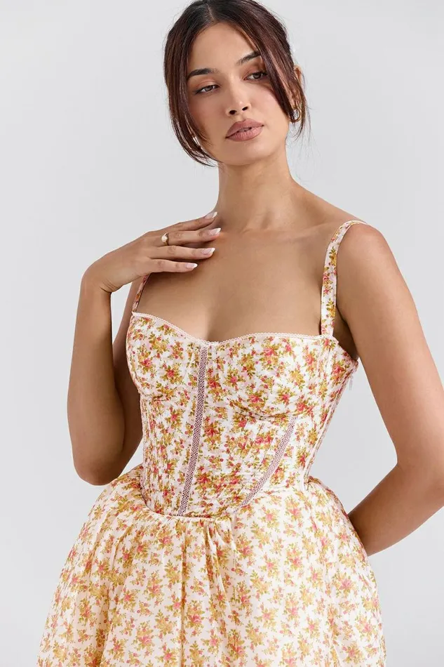 Women Kelly Royal Rose Print Corset Midi Sundress House Of CB Dresses