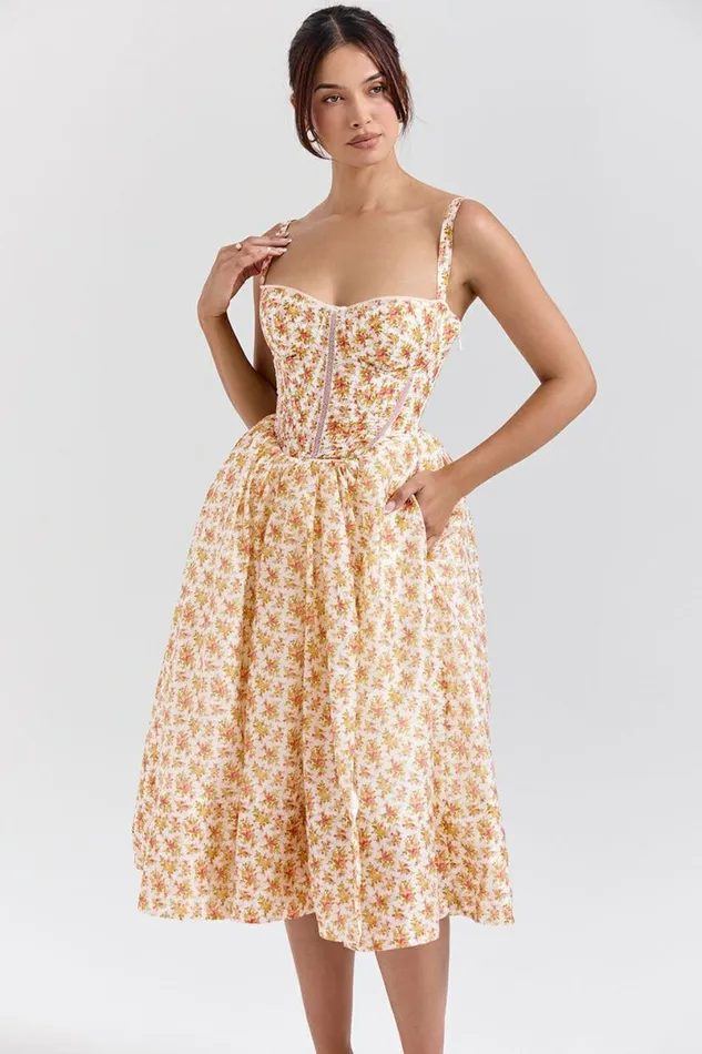 Women Kelly Royal Rose Print Corset Midi Sundress House Of CB Dresses