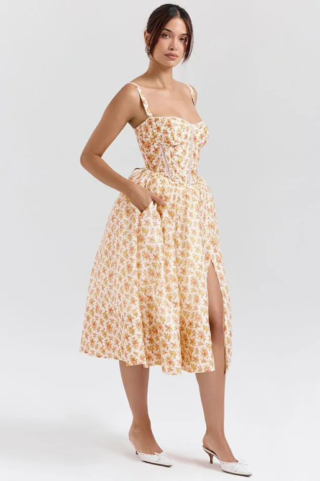 Women Kelly Royal Rose Print Corset Midi Sundress House Of CB Dresses