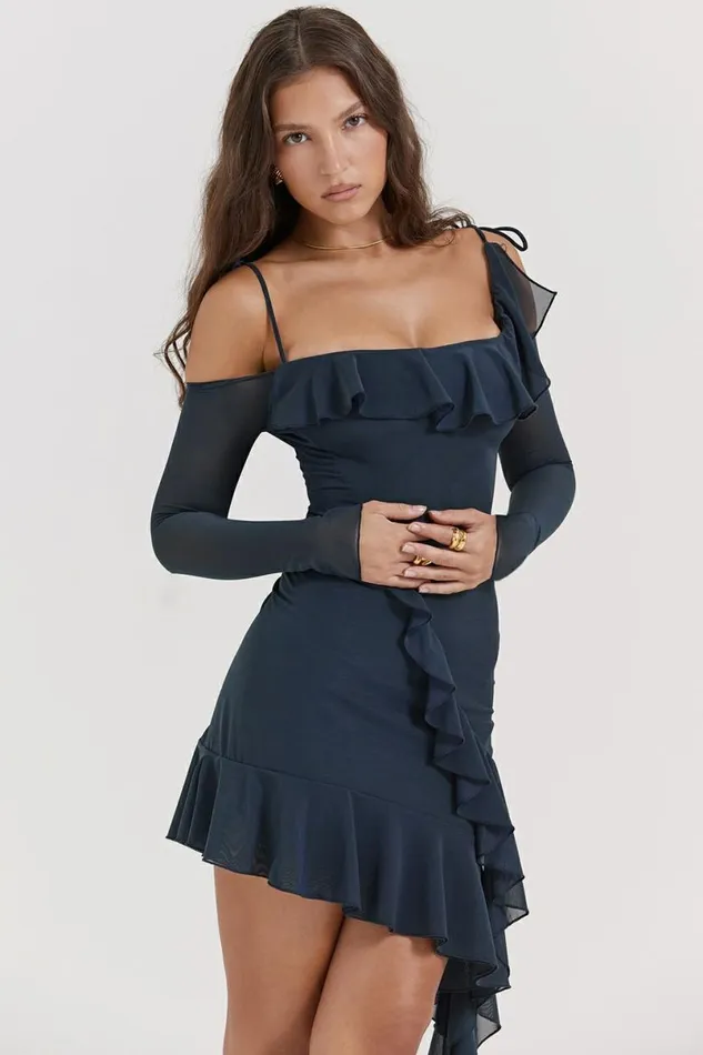 Women Kiki French Navy Ruffle Mini Dress House Of CB Dresses