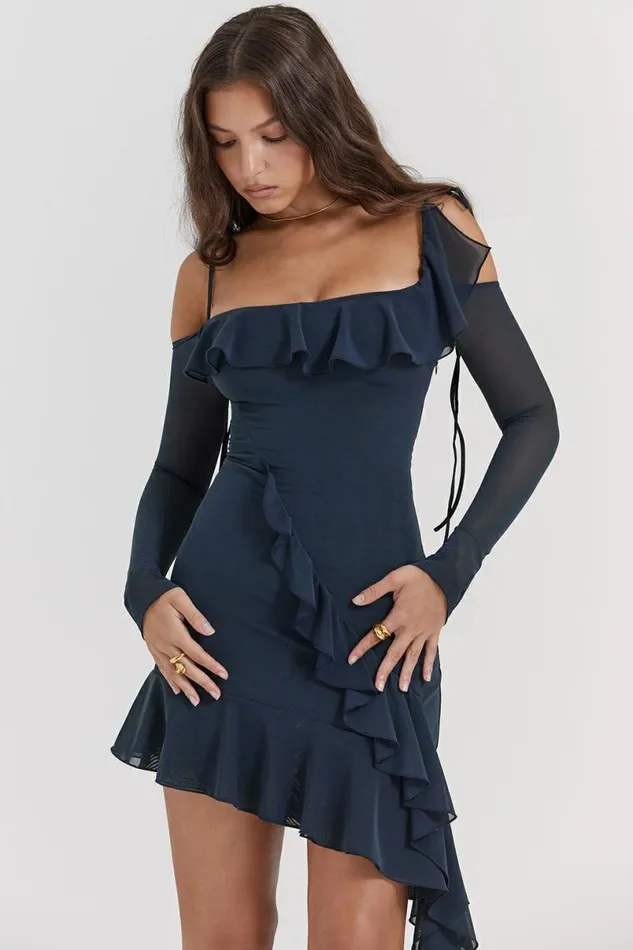 Women Kiki French Navy Ruffle Mini Dress House Of CB Dresses