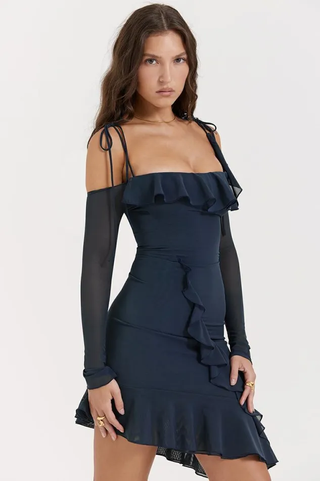 Women Kiki French Navy Ruffle Mini Dress House Of CB Dresses