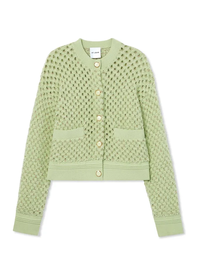 Women Knitwear St John Sparkle Crochet Knit Jacket Pale Lime