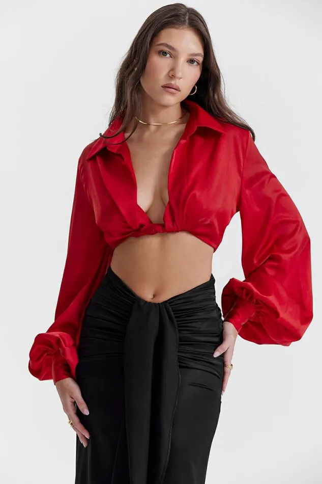 Women Laraine Cherry Silk Blouson Top House Of CB Tops