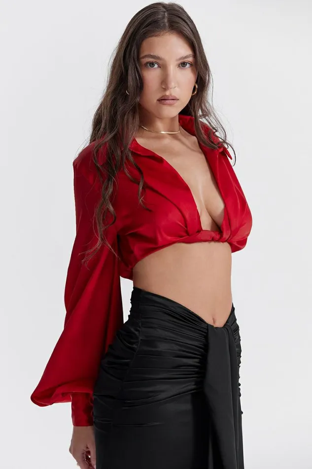Women Laraine Cherry Silk Blouson Top House Of CB Tops