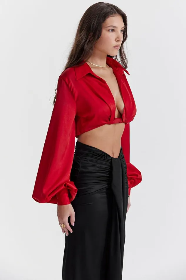 Women Laraine Cherry Silk Blouson Top House Of CB Tops