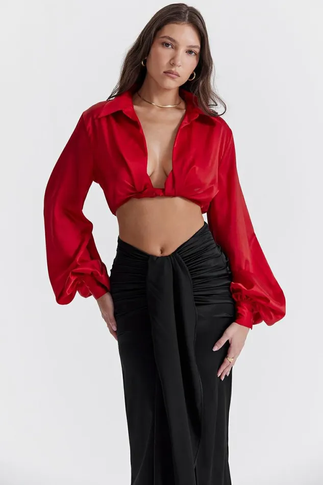 Women Laraine Cherry Silk Blouson Top House Of CB Tops