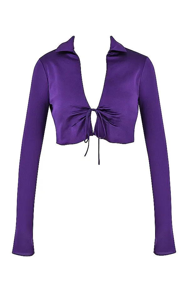 Women Lavender Grape Satin Cropped Tie Front Top House Of CB Tops Women Lavender Grape Satin Cropped Tie Front Top House Of CB Tops