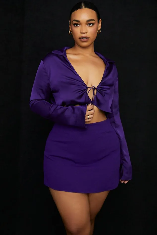 Women Lavender Grape Satin Cropped Tie Front Top House Of CB Tops Women Lavender Grape Satin Cropped Tie Front Top House Of CB Tops