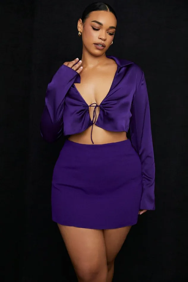 Women Lavender Grape Satin Cropped Tie Front Top House Of CB Tops Women Lavender Grape Satin Cropped Tie Front Top House Of CB Tops