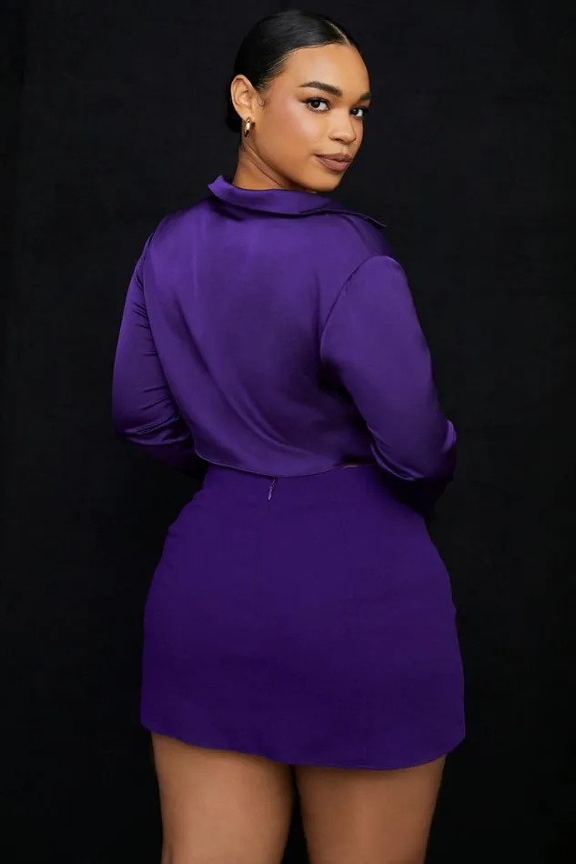 Women Lavender Grape Satin Cropped Tie Front Top House Of CB Tops Women Lavender Grape Satin Cropped Tie Front Top House Of CB Tops