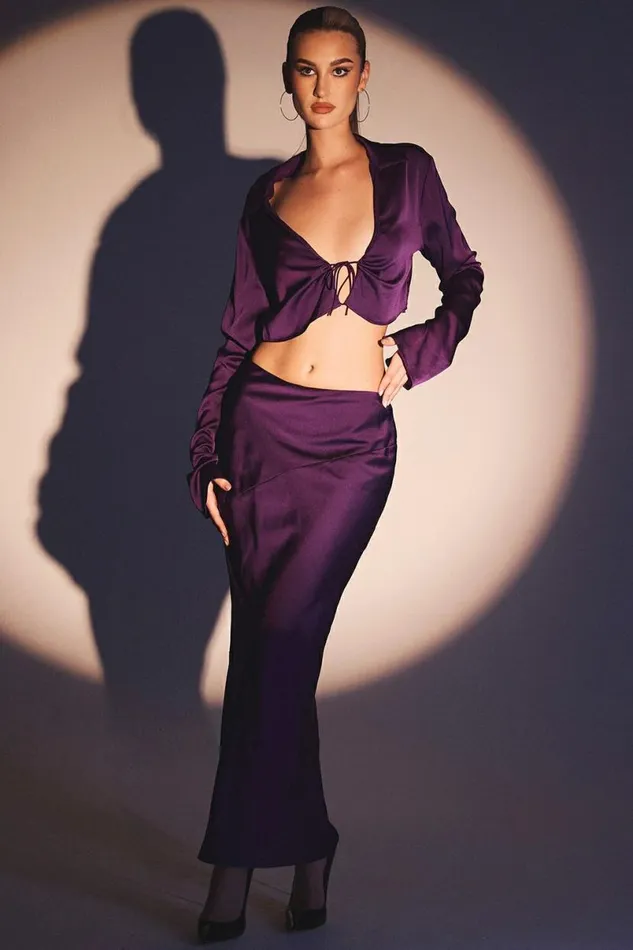 Women Lavender Grape Satin Cropped Tie Front Top House Of CB Tops Women Lavender Grape Satin Cropped Tie Front Top House Of CB Tops
