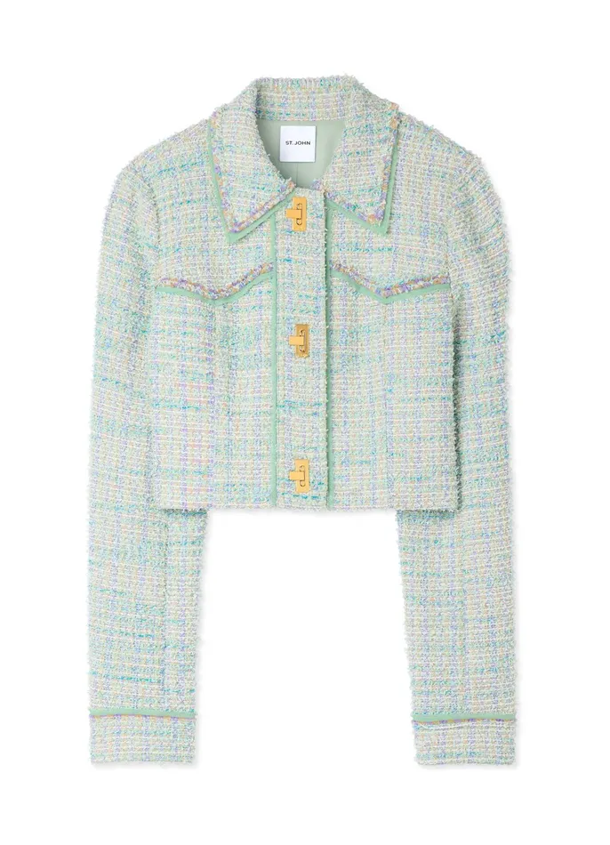 Women Light Jackets St John Light Textured Eyelash Tweed Short Jacket Mintecru Multi