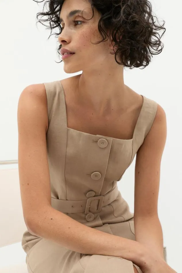 Women Linen Seed Heritage Linen Belted Midi Dress Cookie