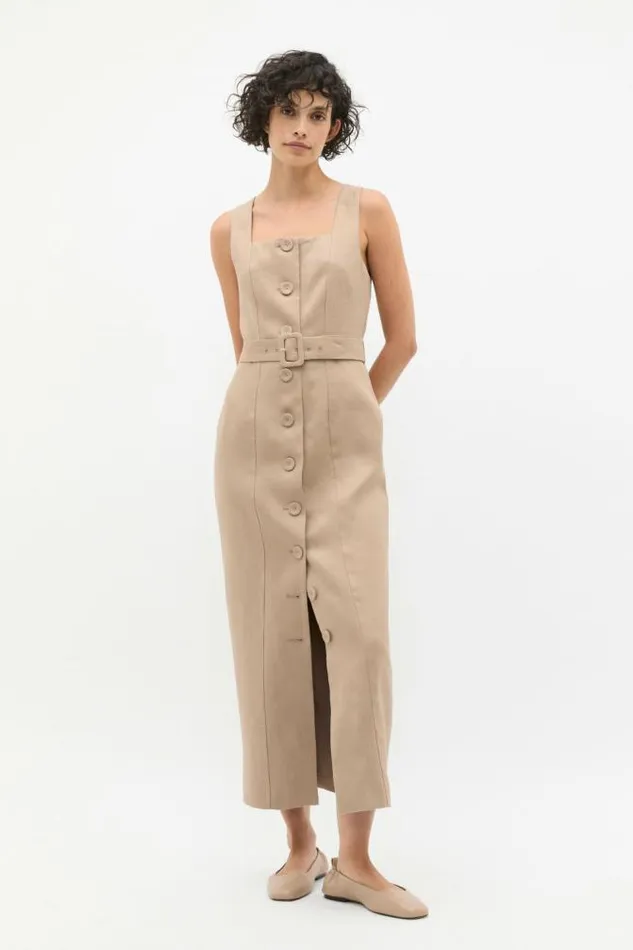 Women Linen Seed Heritage Linen Belted Midi Dress Cookie