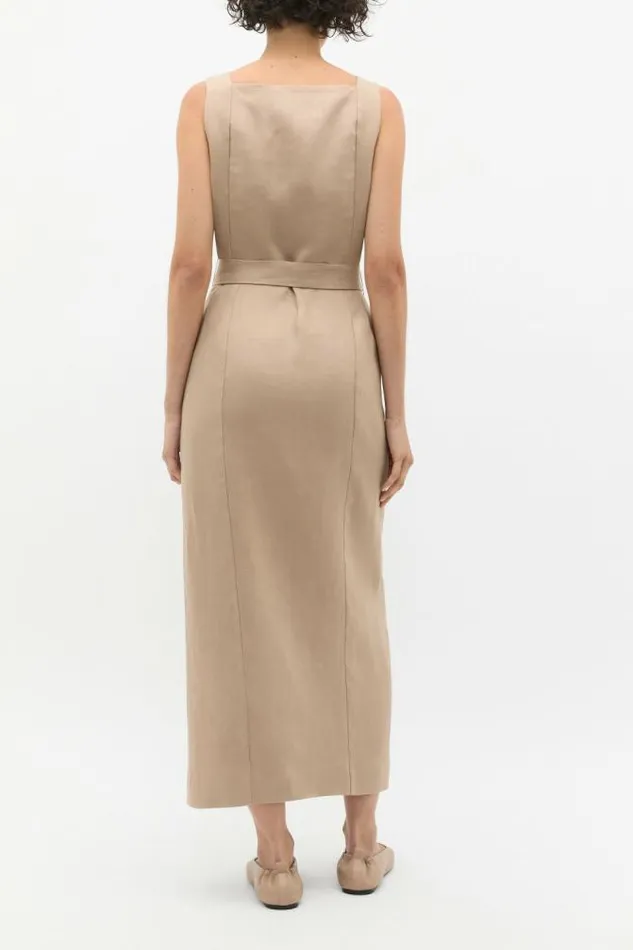 Women Linen Seed Heritage Linen Belted Midi Dress Cookie