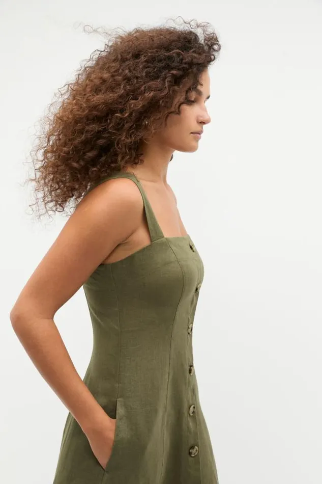 Women Linen Seed Heritage Linen Square Neck Button Midi Dress Rainforest