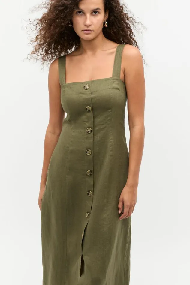 Women Linen Seed Heritage Linen Square Neck Button Midi Dress Rainforest