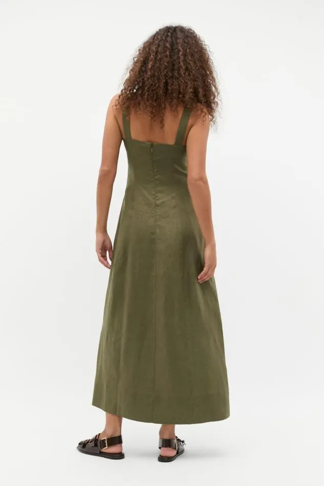 Women Linen Seed Heritage Linen Square Neck Button Midi Dress Rainforest
