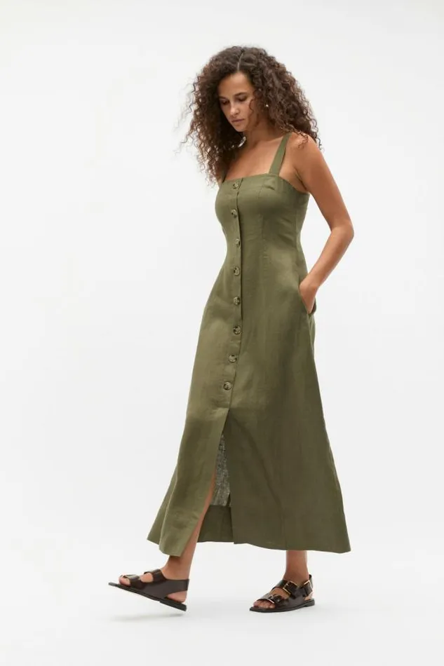 Women Linen Seed Heritage Linen Square Neck Button Midi Dress Rainforest