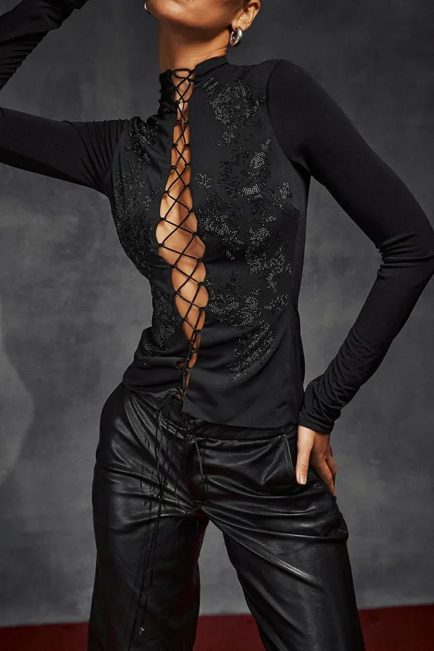 Women Lori Black Crystallised Lace Up Top House Of CB Tops