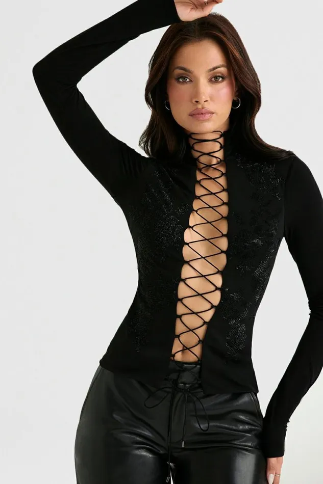 Women Lori Black Crystallised Lace Up Top House Of CB Tops