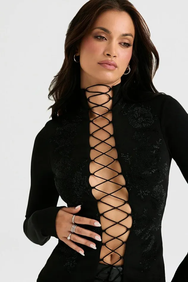 Women Lori Black Crystallised Lace Up Top House Of CB Tops