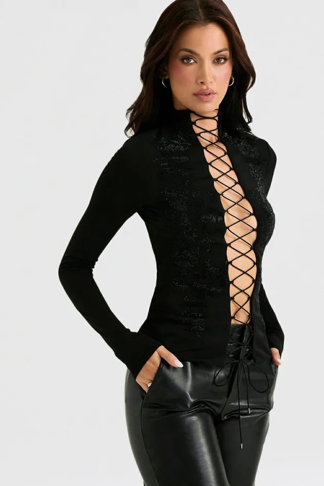 Women Lori Black Crystallised Lace Up Top House Of CB Tops