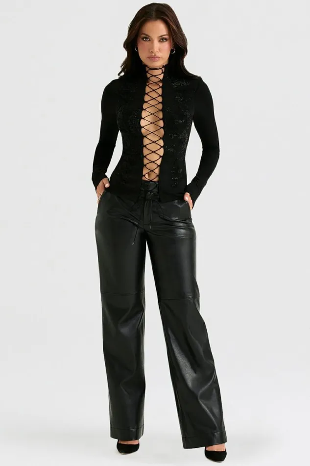 Women Lori Black Crystallised Lace Up Top House Of CB Tops