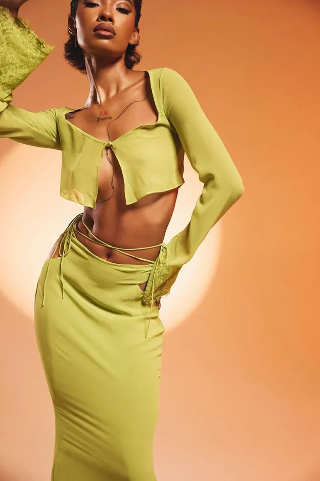 Women Madeline Lime Green Georgette Maxi Skirt House Of CB Bottoms