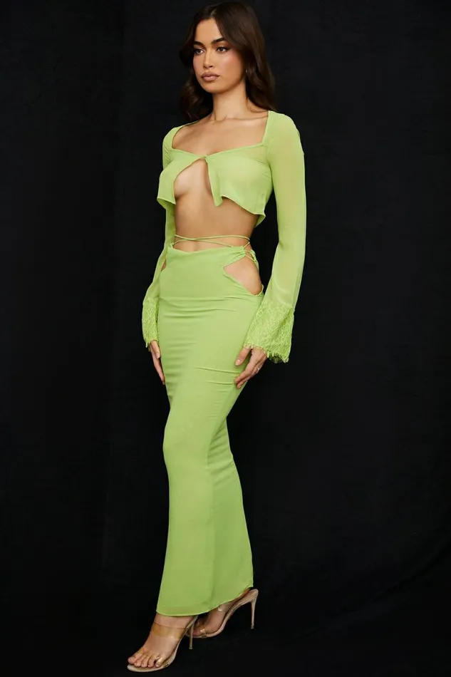 Women Madeline Lime Green Georgette Maxi Skirt House Of CB Bottoms