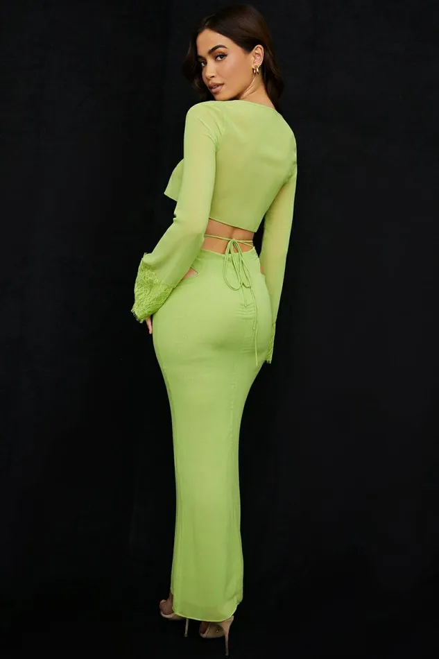 Women Madeline Lime Green Georgette Maxi Skirt House Of CB Bottoms