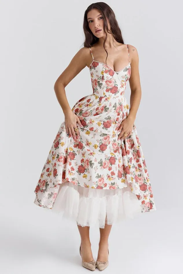 Women Mademoiselle Italian Rose Print Tulle Midi Dress House Of CB Dresses