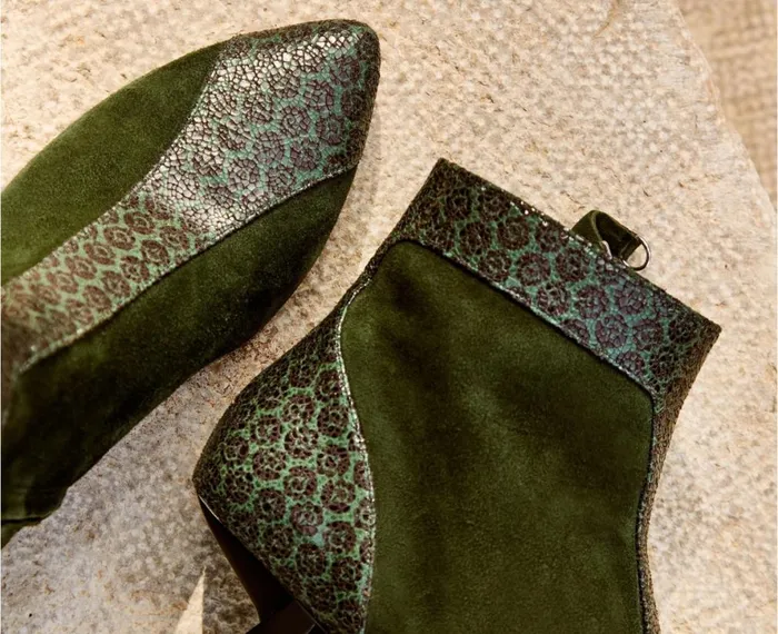 Women Medium Heel Audley Shoes Mid Heel Leather Bootie Eviana Green