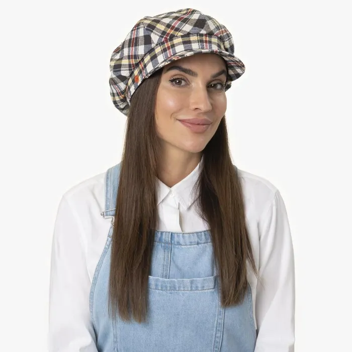 WomenMen Seersucker Check Newsboy Cap Blueyellow Mayser Flat Caps WomenMen Seersucker Check Newsboy Cap Blueyellow Mayser Flat Caps