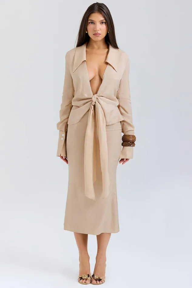 Women Nevaeh Almond Plunge Shirt Midi Dress House Of CB Dresses