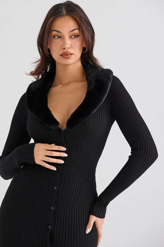 Women Raine Black Faux Fur Trim Dress House Of CB Dresses Women Raine Black Faux Fur Trim Dress House Of CB Dresses