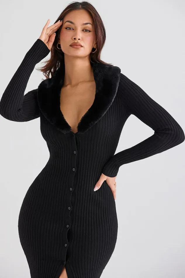 Women Raine Black Faux Fur Trim Dress House Of CB Dresses Women Raine Black Faux Fur Trim Dress House Of CB Dresses