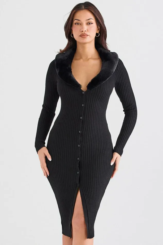Women Raine Black Faux Fur Trim Dress House Of CB Dresses Women Raine Black Faux Fur Trim Dress House Of CB Dresses