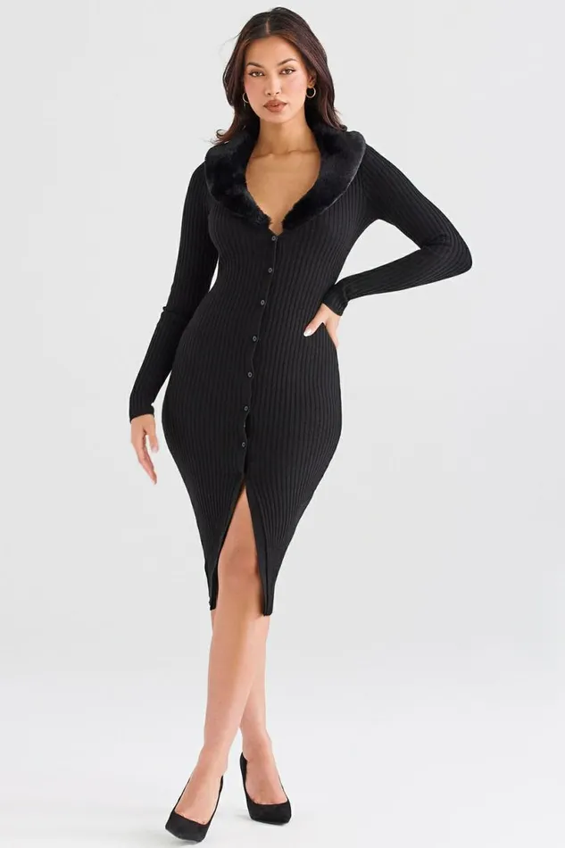 Women Raine Black Faux Fur Trim Dress House Of CB Dresses Women Raine Black Faux Fur Trim Dress House Of CB Dresses